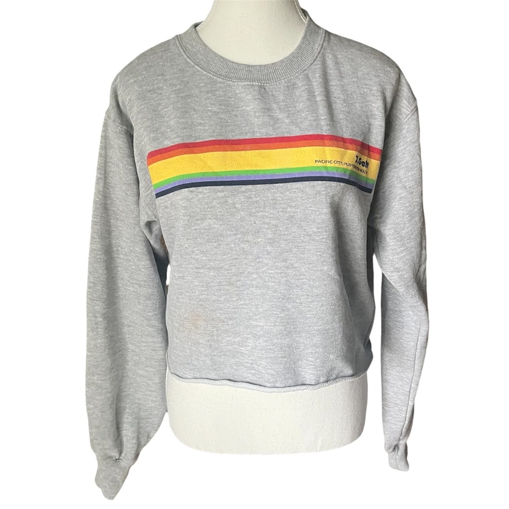 John Galt Brandy Melville Gray Rainbow Stripe Cropped Sweatshirt Small OS